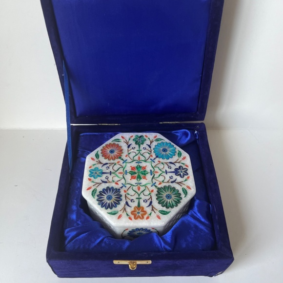 Octagon Marble Inlay Pietra Dura Art Jewelry Handcraft Handmade Box White Floral - Picture 1 of 15